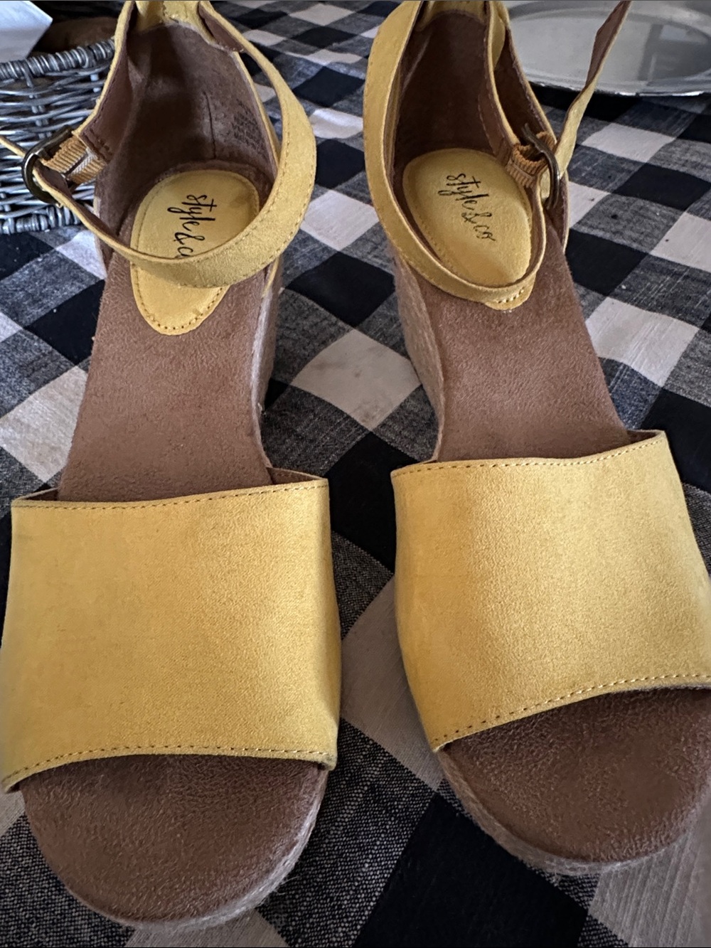 Styluxe Yellow Suede Wedge Sandals with Ankle Strap